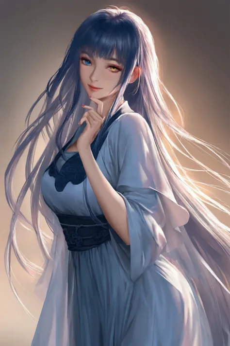 heterochromia blue hair ,heterochromia blue hanfu, medium breasts, very long hair, seductive smile, masterpiece, best quality, realistic, 8k, official art, cinematic light, ultra high res, perfect female body, sharp focus, guofeng, 1girl, solo, chinese clo...