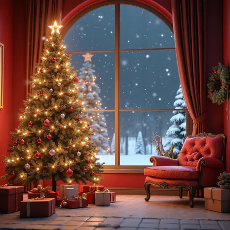 C4D modeling，OC rendering，A Christmas scene in C4D style，Christmas decoration，Gift、Christmas tree、 Warm lighting， snowflakes falling gently outside a large window，night， background