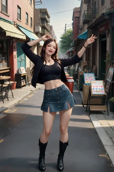  young woman, dancing in the middle of city street, (+forehead, dark-brown long hair, half up half down), black 3/4 sleeves crop shirt, denim mini skirt, black boots, BREAK, (1girl, solo, full body), (best quality,4k,8k,highres,masterpiece:1.2),ultra-detai...