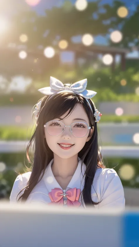 girl,  blue sky and white clouds, Wearing silver glasses,  happy ,  happy ,  slightly red cheeks ,  dark haired,  wearing a pink bow headband,  high quality, Clarify the focus (Messy -  : 0.8), (masterpiece: 1.2) ( actual : 1.2) (Bokeh) ( is the best quali...