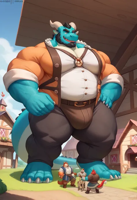 Scribble dragon face,furry(dragon),chubby, strong muscle( black eyebrows :1.1),(perfect eyes),turquoise fur，Wears medieval farmer clothes,（artist:takemoto arashi)，paw，（ Black beard :1.3），（ medieval farmer clothes :1.4) ,(Massiv:3.0, ( heavyweight ,strong,M...