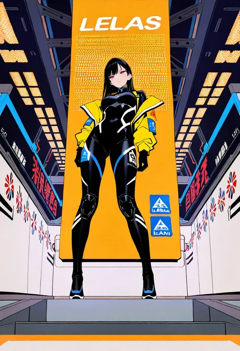  Flat Color , (Futuristic:1.3), (masterpiece:1.3),  best quality,   with eyes curled upwards  , (perfect anatomy), (Depth:1.5), Realistic,  Detailed Machinery , 1 female, Long Hair,  Short Bang , tsurime,  yellow jacket, full body, full black body suit, I ...