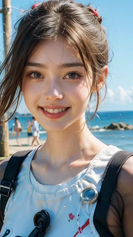  top quality,   masterpieces during breakfast ,  super high resolution, ( realistic :1.4), ( close-up portrait )  RAW photos ,  1 girl,  high school girl with visible armpits, ((Sunny Shonan Coast))、((Lifesaver)),(( hand wetsuit)), (( Clear Blue Sky ))、  m...