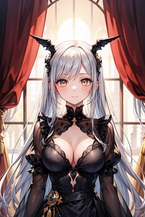 (( Beautiful Beautiful Girl)),  long disheveled silver hair , Golden Eyes,  Black Clothes , A faint smile,  bright color,  high detail, UHD rendering ,  perfect composition of drapes ,   beautifully elaborate and complicated 
