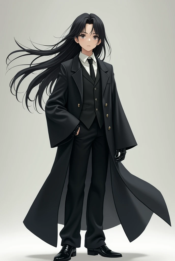 Asian Japanese Pre Teen Boy with Long Flowing Black Hair, Wearing a Long black Double Breasted Buttoned up Baggy Formal Long Suit Coat that Reaches the ground, With Baggy Long Sleeves And Leather Gloves, Over a White Dress Shirt and Tie Properly Buttoned u...