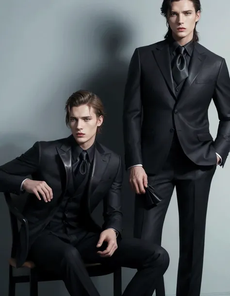 two men in suits and ties posing for a picture, louis vuitton suit, wearing a suits, tailored clothing, leather clothing, sharp and smooth, impeccably dressed, high - end fashion photoshoot, armani, mens fashion, dressed in expensive clothes, maarten schrö...