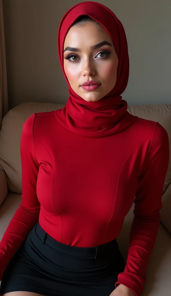 Photorealistic european hijabi woman, 165cm high, ((smooth skin, pale skin)), pink lipstick, brown eyes, long eyelashes, full lips, smokey eyeshadow, wide hips, curved ass, ((wearing tight red top, cleavage, tight sleeves, tight black mini skirt, big boobs...