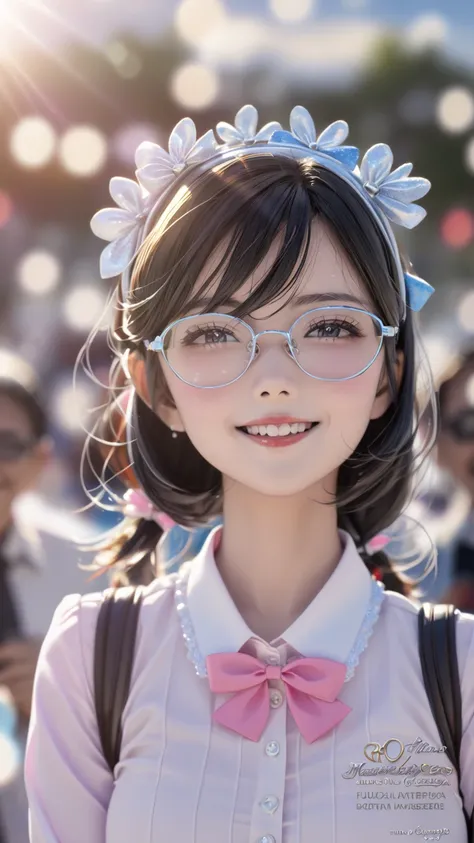 girl,  blue sky and white clouds, Wearing silver glasses,  happy ,  happy ,  slightly red cheeks ,  dark haired,  wearing a pink bow headband,  high quality, Clarify the focus (Messy -  : 0.8), (masterpiece: 1.2) ( actual : 1.2) (Bokeh) ( is the best quali...