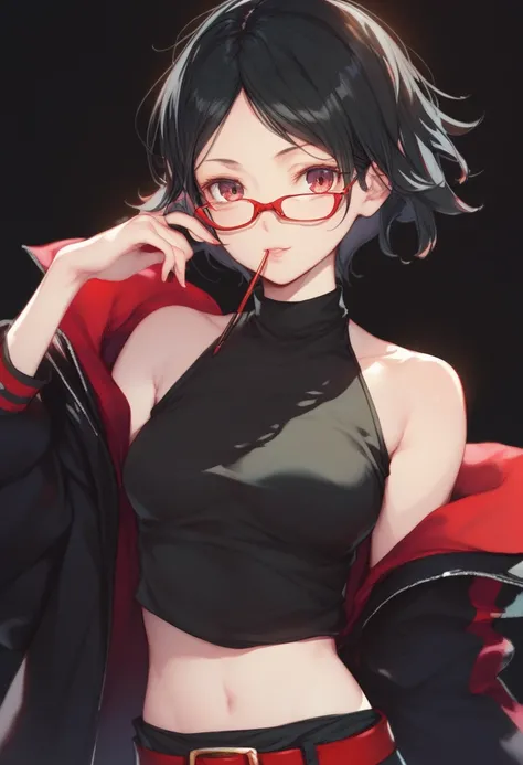 Sarada,girl,age 16,solo,black hair,spicky short hair,glasses,seated,black shoulderless shirt with red linning and red belt,black loose jacket,simple black background,sarada uchiha