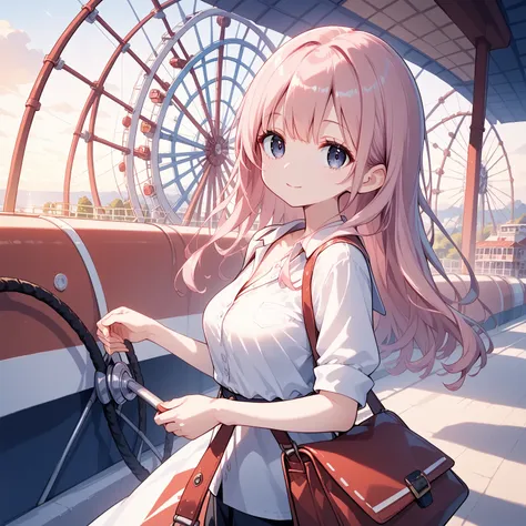   pink hair,    beautiful eyes  ,   clear eyes, Student Council President, Casual clothes， date your lover，She extends 、 hands in the ferris wheel and invites her lovers man