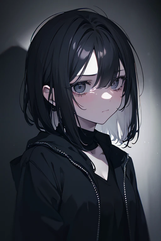 a sad girl in a dark room, dark atmosphere, melancholy, depressed, longing for death, questioning her own existence, lost, hopeless, dramatic lighting, moody colors, somber tones, introspective, (best quality,8k,highres,masterpiece:1.2),ultra-detailed,(rea...