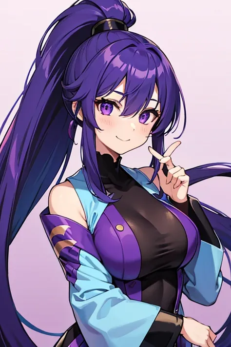 Blue-purple hair, Ridiculously long hair, Hair between the eyes, High Ponytail, purple eyespurple suit, Anime Color,fingersmile