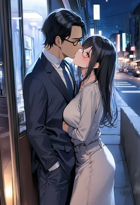 (( top quality)), (( masterpieces during breakfast )), ( Details), ( 1 Anime Girl ),  sexy, ( black hair), Bust 9０Big breasted OL in CM ,  young woman, OL and round glasses , (Woman in casual OL fashion), (Woman kissing man in suit on street corner at nigh...