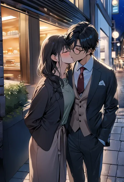 (( top quality)), (( masterpieces during breakfast )), ( Details), ( 1 Anime Girl ),  sexy, ( black hair), Bust 9０Big breasted OL in CM ,  young woman, OL and round glasses , (Woman in casual OL fashion), (Woman kissing man in suit on street corner at nigh...