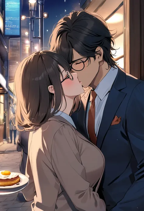 (( top quality)), (( masterpieces during breakfast )), ( Details), ( 1 Anime Girl ),  sexy, ( black hair), Bust 9０Big breasted OL in CM ,  young woman, OL and round glasses , (Woman in casual OL fashion), (Woman kissing man in suit on street corner at nigh...