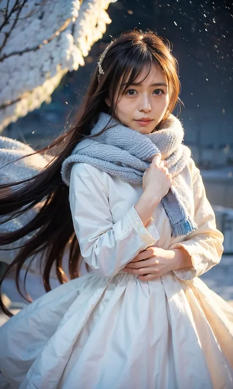 (  クリーム色のhair、Heavy snowfall area、Snow is falling、 blue eyes、 blue eyes、white winter clothes 、Admire the night sky in a frigid region、Im wearing a fluffy red scarf、Her breath is white expression 、A woman looking at the starry sky、 Night Background 、that&#3...