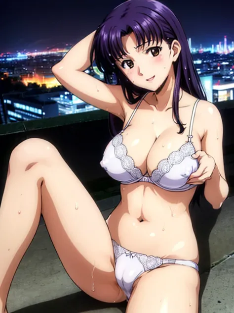 １Female、(  anime style)、Katsuragi Misato、 long hair on background、( Brown Eyes :1.5)、(Purple Hair:1.2)、( split bangs :1.5、break、(beautiful、 Big Breasts)、(  beauty of the face  :1.4)、completion、(  anatomically accurate hands  )、  perfect hands  、( Penis mas...