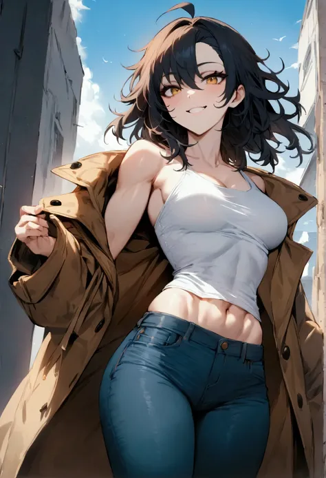 Masterpiece, best quality, 1girl, solo, 23 years old, adult, teal and dark hair, messy hair, asymmetrical hair, ahoge, medium hair, gold eyes, medium breasts, toned, 167cm, pale skin, grin, white tank top, jeans, midriff peek, coat
