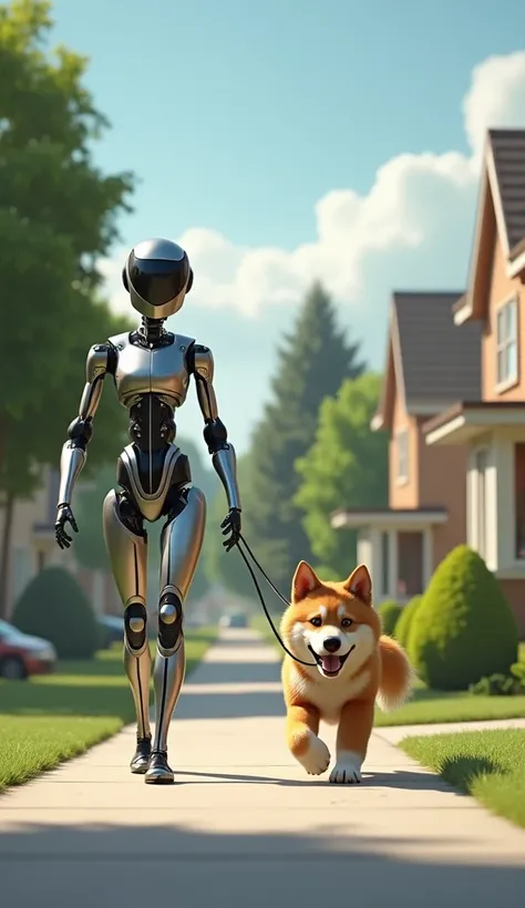 Animate this image. The robot walks the dog outside by holding its leash.In the real world
