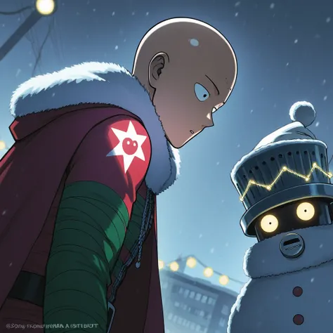 One Punch Man Saitama is confused as to whether or not he should attack, a gigantic christmas themed murder robot with lots of presents and blinking lights wrapped around it villain laughs at Saitama, Snowy Christmas night streets of tokyo
