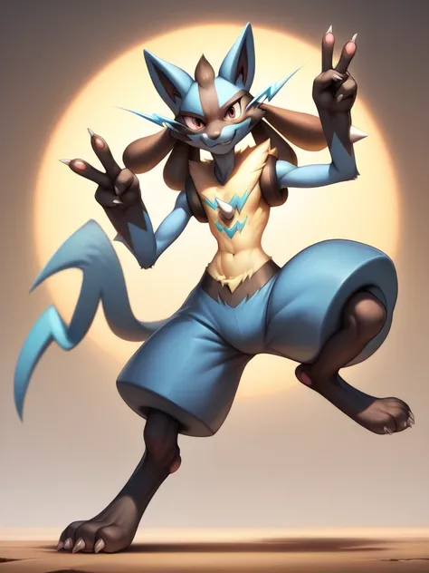 score_9, score_8_up, score_7_up, score_6_up, score_5_up, score_4_up, portrait, feral, full body, epic, gradient background, Lucario, Zeraora, two-shot, peace sign side by side, smiling face