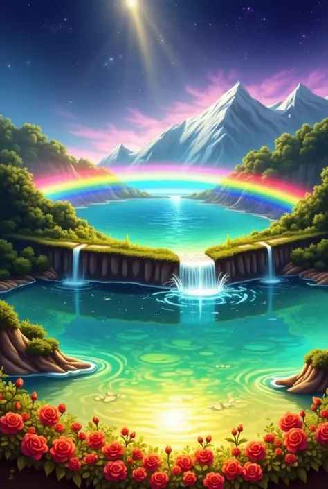 Fantastic - Painting Style Waterfall Soft  painting style Brightly colored Bright light a wonderful heavenly garden, rainbow reflected on a splendid river valley of eden sea a wonderful valley,Asahi, river, Rose,Clear water, Beautiful atmosphere, dream , I...