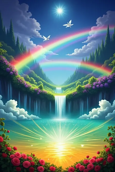 Fantastic - Painting Style Waterfall Soft  painting style Brightly colored Bright light a wonderful heavenly garden, rainbow reflected on a splendid river valley of eden sea a wonderful valley,Asahi, river, Rose,Clear water, Beautiful atmosphere, dream , I...