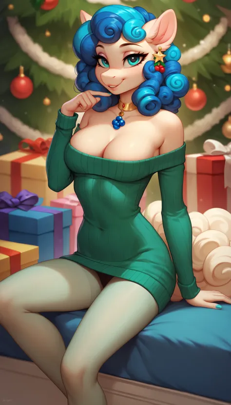 score_9, score_8_up, score_7_up, Blueberry Curls, mlp, anthro, 1girl, beautiful aqua eyes, blue curly hair, solo, slim body green sweater, beige pantyhose, soft breasts, cleavage, pink round earrings, jewellery, 1girl, solo, Christmas clothes, sexy pose, s...