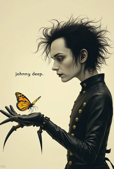 Edward Scissorhands facing to the right while looking at a yellow butterfly perch in his hand,  is written "JOHNNY DEEP"