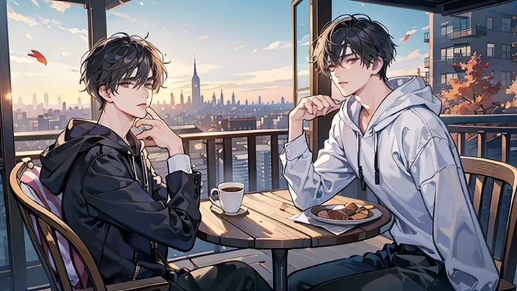 Highest quality, masterpiece, one 20-years-old-boy (a handsome boy: 1.4), black hair, bangs covering the forehead, gray eyes, short hair, detailed depiction of the eyes and face, proper ratio of four fingers and one thumb, a black hoodie, a big city in fro...