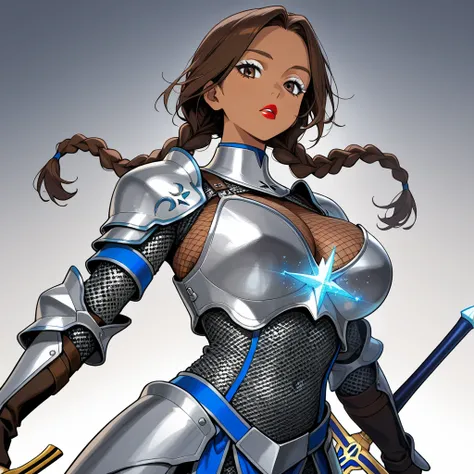 Anime, only (lady in fishnet bodysuit with chainmail on the breast and the bottom)
(Suit of armor, two piece armor over the fishnet bodysuit and chainmeal )
(Breast size cup 36 b )
(skin color brown) 
(Brown Hair, Low Twin Braids,)
(Weapon sword of Excalib...