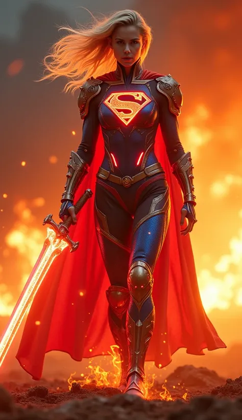 In a cinematic full-body shot, a majestic, masked DC Super Girl, a majestic, muscular warrior, wears a garish red and blue core-style armored ninja robot, a strongman, her short, bright blonde hair flowing like flames down her back. Against the flaming bac...