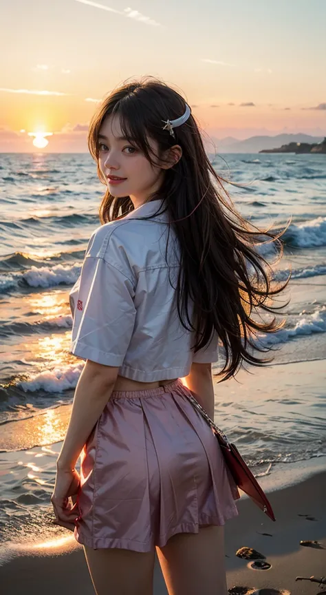  1 girl, Alone,smile,  beach ,(sunset:1.1),  Akagi_Also(Battery Project ), Alone,  Star Hair Ornament,  TWIN BLADE ,Sparkle,  From behind ,  look back, huge sunset,Red Float, uniform,   knight , Wavy, sea