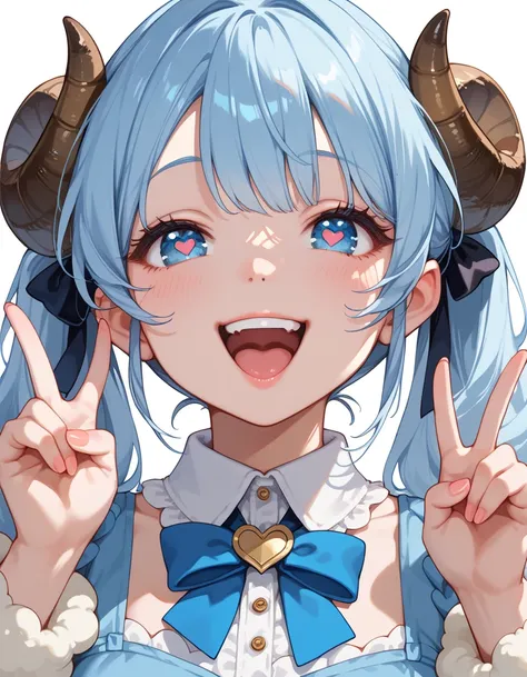  score_9,  score_8_up,  score_7_up,  1 girl, Two Corners,  long hair,  twin tails, Light blue hair,  blue eyes, v sign, heart-shaped pupils,  open mouth,  happy , smile, close up,  simple background,   bad erotic poses ,wool clothes,Fluffy,The Girls Demon 