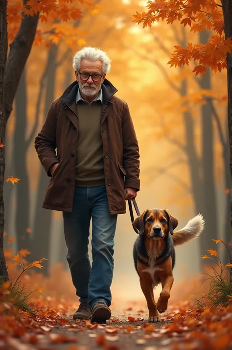 Une image dun homme de dos de 63 ans cheveux blanc lunettes qui se promène dans la forêt en automne avec un berger des Pyrénées à poils longs 