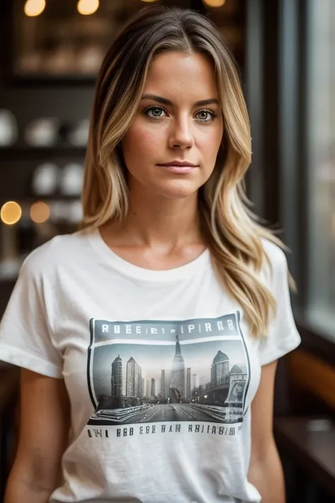 Close-Up, cinematic, (Andrea Schneider wearing a t-shirt, tousled hair, pensive expression), diffused side lighting, (standing in a cozy urban café, warm tones, blurred background), (85mm lens, Sony Alpha 1, intimate focus, professional, portrait photograp...