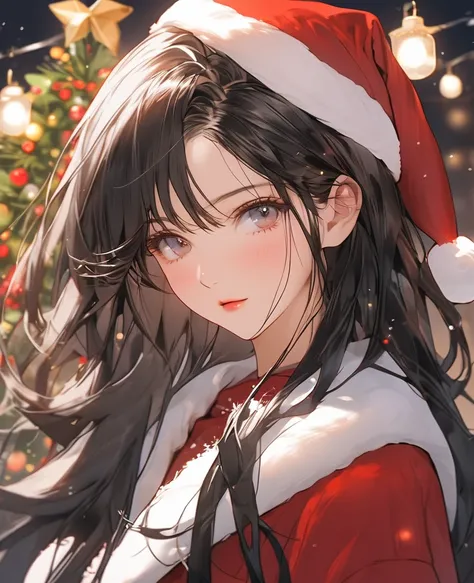  top quality,woman1人,winter, Christmas, Santa Claus, fox ear,woman,beautiful, black hair,adult, long hair,Staring