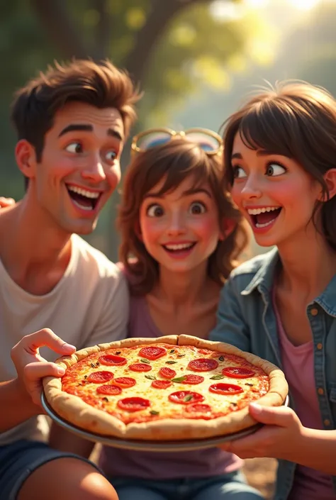 Two people holding a pizza ,  while a third person watches them and points to the pizza with their hand