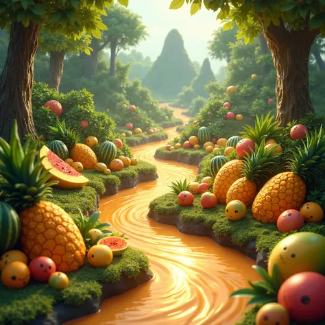 A hill forest with river of halwa characters and lots of fruits like pineapple, mango, watermelon 