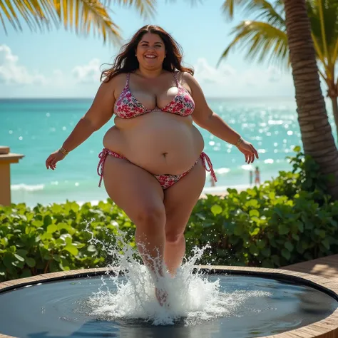 Tess Holiday is a super obese model with beautiful features, she is jumping on a trampoline, she is wearing a fashionable and vivid colored bikini in the garden of a resort hotel with a beautiful sea view, her huge buttocks and a lot of fat on her belly ar...