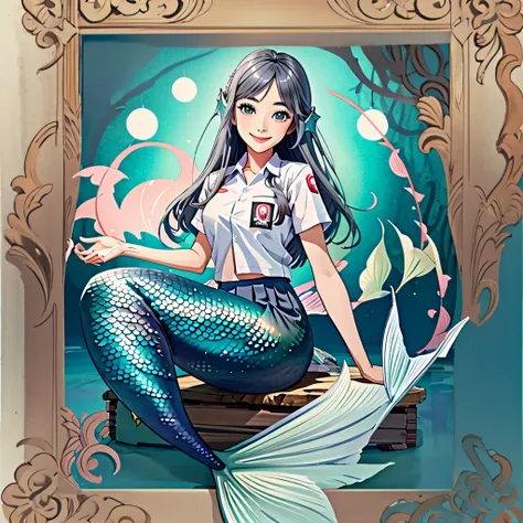 (((Ultra-HD-quality-details))) , 1girl, cewe-sma, from fitting, white shirt, gray skirt, beach, mermaid tail under skirt, scales mermaid tail under skirt, sit on beach, looking at viewer, smile,