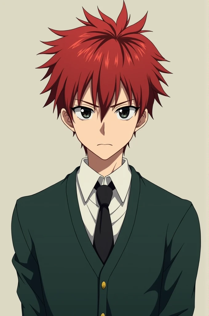 anime boy, RED HAIR, IVY LEAGUE HAIRSTYLE cold expression, LONG NARROW BLACK EYES wearing Japanese high school uniform: DARK GREEN CARDIGAN with black tie. face id frame 1:1 