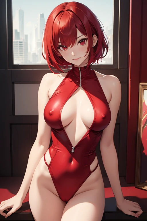 girl、Red Hair、Short Haircut、Red eyes、Bodysuits、See-through、nsfw,seductive smile,