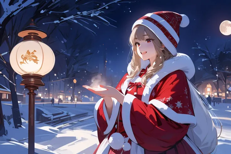 (masterpiece, best quality:1.2), 1 girl, unique, Christmas Eve Illustration, Christmas clothes,  fireworks, snow, night, smile, holding out hand, moon shining, lanterns, festival, mature woman