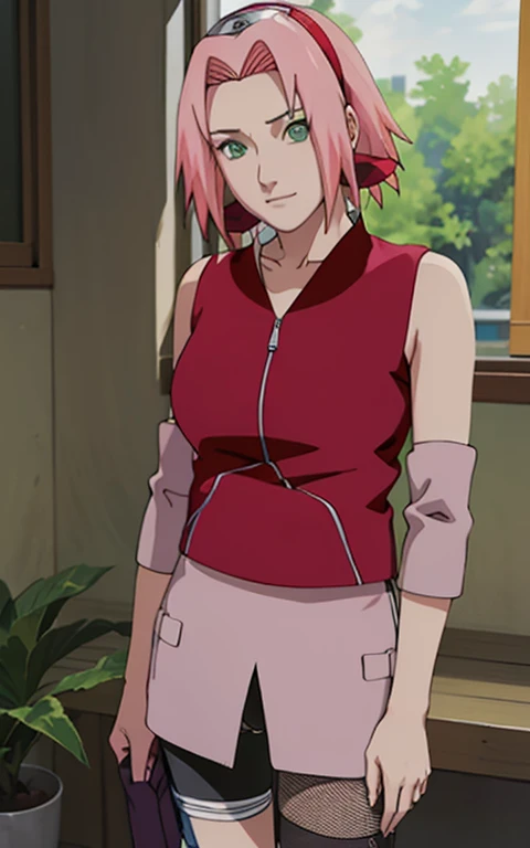 NARUTO_Sakura_Combat_ownwaifu,
1girl, nude, nsfw, haruno sakura, small breast, short hair, pink hair, green eyes, hair intakes, collarbone, forehead protector, headband, red hairband, konohagakure symbol, bike shorts, black shorts, leg wrap, bandaged leg, ...