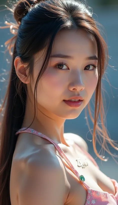 Chinese beauty ，woman; archery at the Olympics ，Korean team ，1 Beauty，  delicate facial features  ， cute， white skin， long hair， Full Body Photo ，Panoramic view，Wide-angle lens， Olympic venues ， professional equipment ，Key Points， ten rings ， Olympic games...