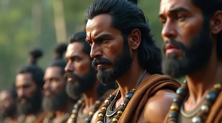 Lord Rama, feeling sad and lord Lakshman standing with Hanuman and other waanar sena with them, Cinematic ultra hd realistic faces.