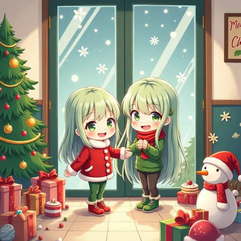 4K  Manga cartoon  character is Boy and  Girl  skin white  , long hair colour light green - white , wear outfits winter  and shoes colour green - red  and white  pattern  Christmas border  dark  green , background  wall door glass in home , party  Christma...