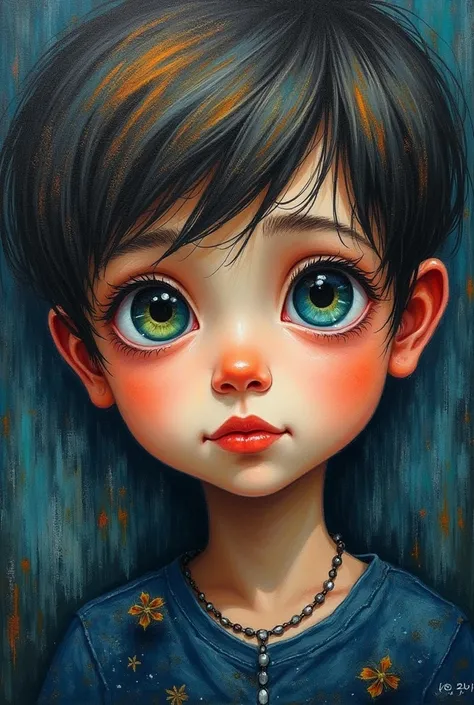 An oil pastel drawing of a boy with striking eyes and an expression that is both curious and endearing, set against a moody, ethereal background environment, with vibrant colors in his features contrasting with darker tones of the background. Raw style.