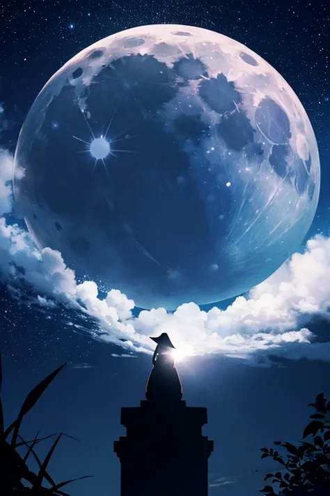  top quality,Big moon and shadow,A silhouette of a person can be seen against the backdrop of a large moon.,There is one full moon,There is a mood, beautiful scenery, starry sky 